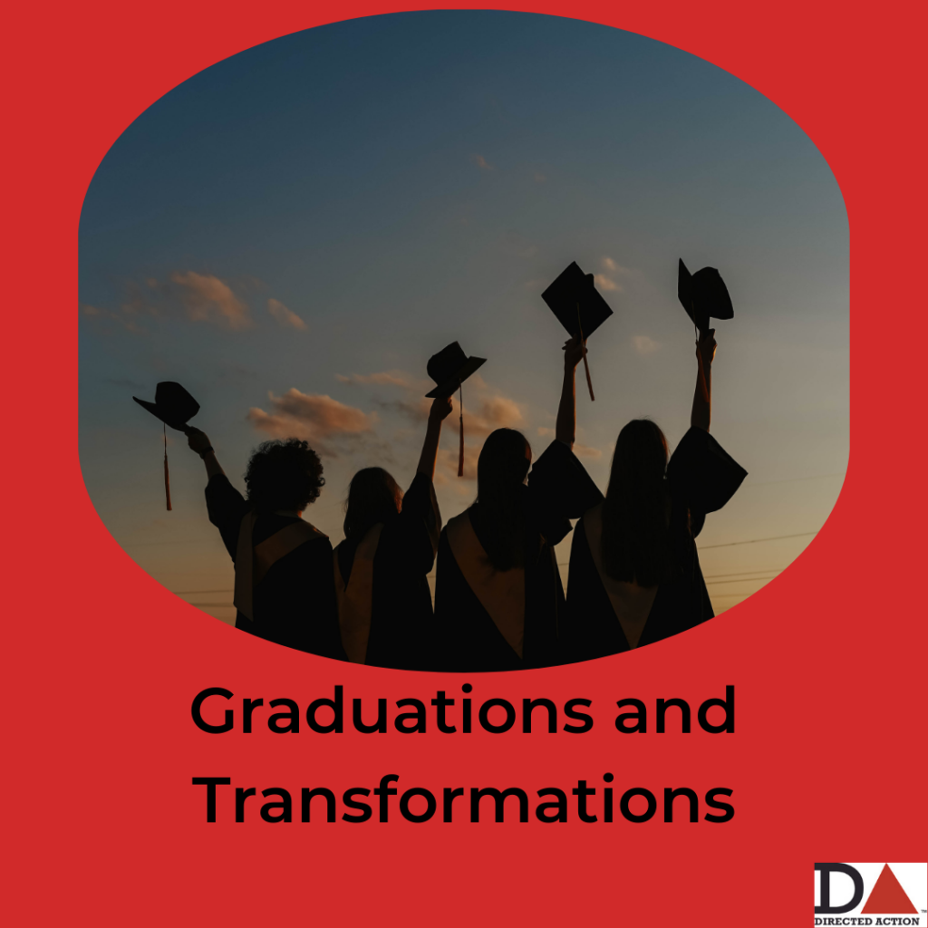 Silhouettes of graduates raising their caps appear in front of a setting sun. The frame is a red background with the text Graduations and Transformations in black.